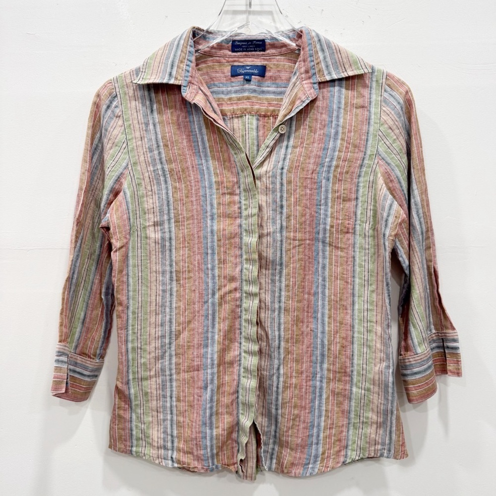 Faconnable Vintage Linen Stripe Button Up Shirt X-Small Colorful Lagenlook